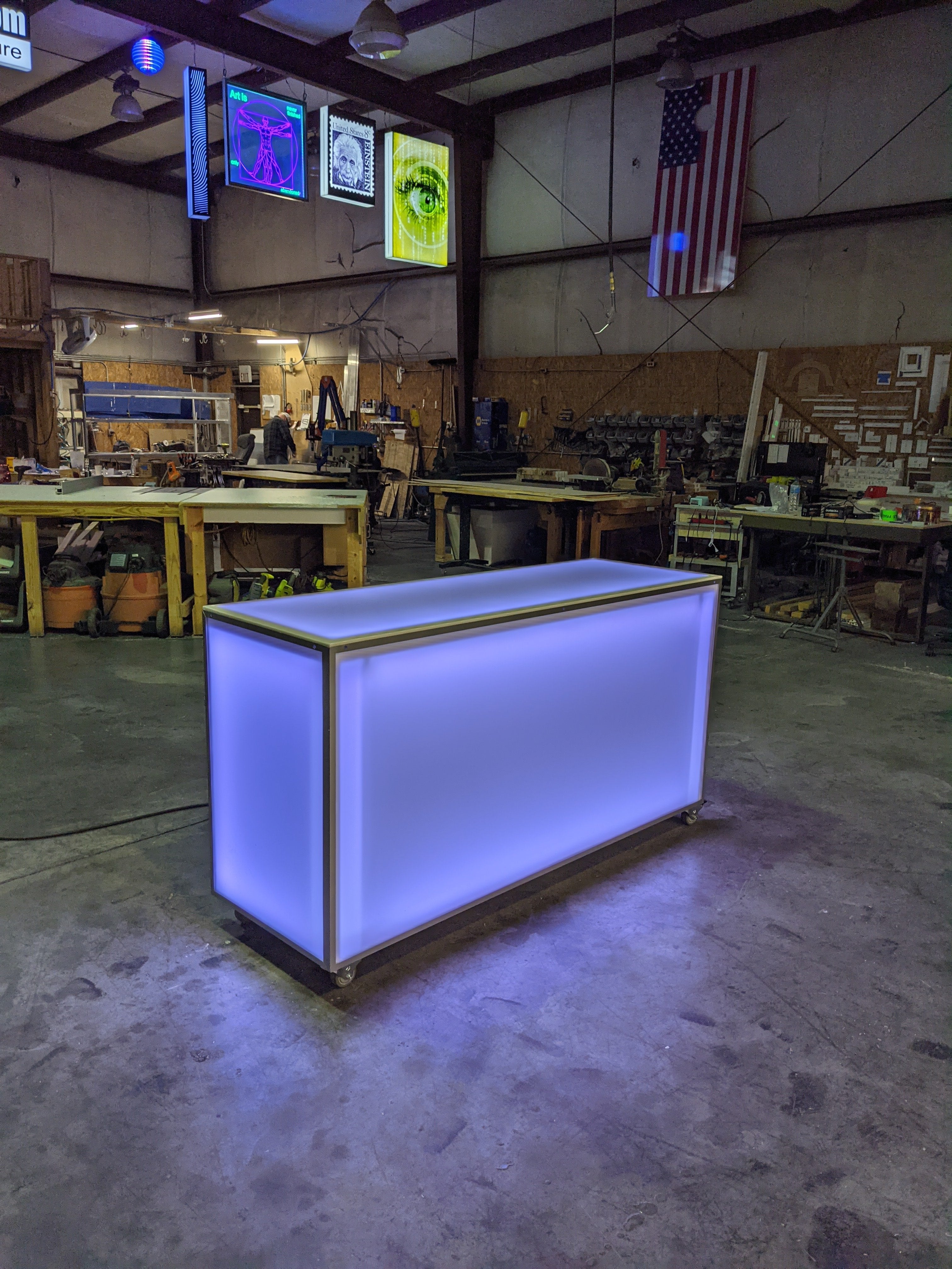 LED Portable Bar Countertop Counter Glow Party Event Catering Serving Business Casters Wheels Rolling Easy Transportable Mobile Light Blue