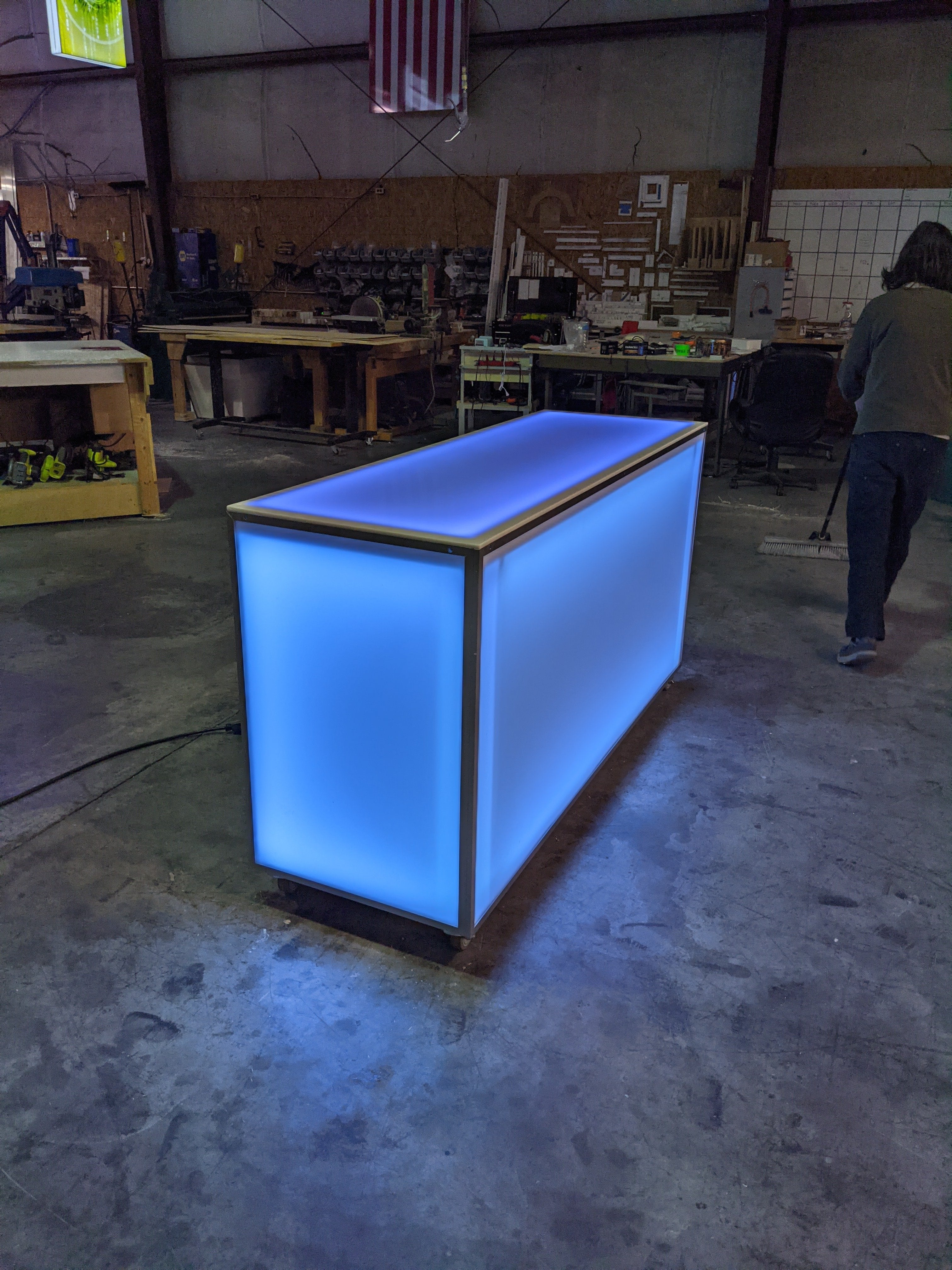 LED Portable Bar Countertop Counter Glow Party Event Catering Serving Business Casters Wheels Rolling Easy Transportable Mobile Light Blue