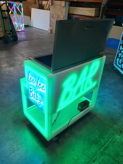 Our LED drink station in all green lighting with cooler lid opened