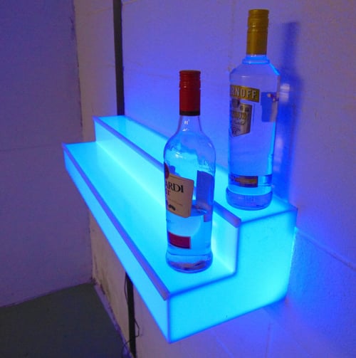 LED Acrylic Glow Bright RGB Light Fun Shelf Shelving Wall Mounted Bar Display Collection Collectable Storage Restaurant Liquor Tiered Layered Cool Unique Bottle Floating Blue