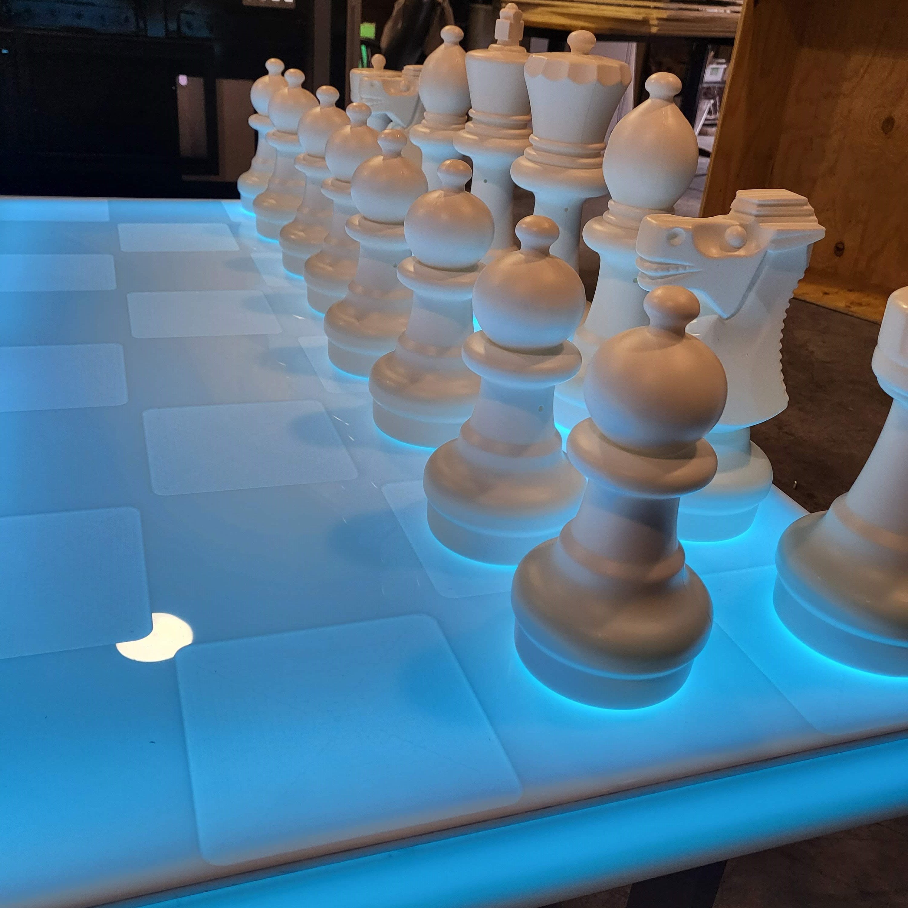 LED Chess Board Light Up Glow Blue White Game Table Pawn Close Up Pawn Knight