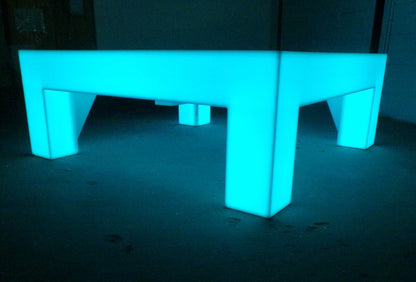 LED Acrylic Glow Bright Light Fun Furniture Coffee Lounge Table Living Room Sturdy Unique Light Blue Close Up Side View