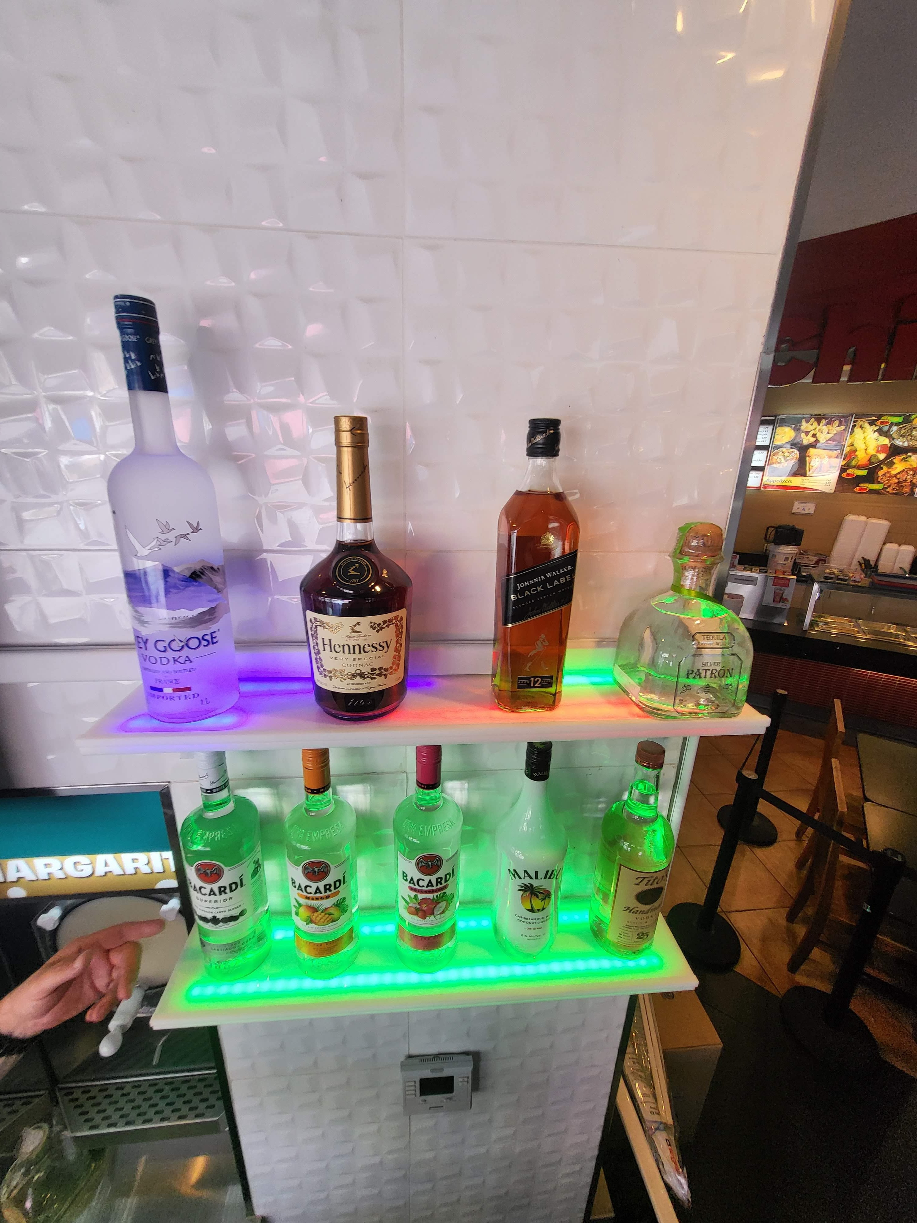 LED Acrylic Glow Bright Light Fun Shelf Shelving Wall Mounted Custom Sizing Bar Display Collection Collectable Storage Restaurant Liquor Green Red Purple Liquor Alcohol Booze Vodka Hennessy Patron Bacardi Malibu Tito's Gray Goose Restaurant