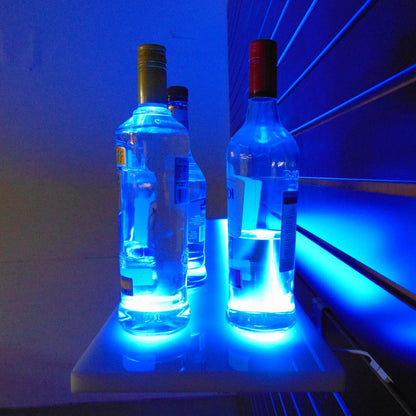 LED Acrylic Glow Bright Light Fun Shelf Shelving Wall Mounted Custom Sizing Bar Display Collection Collectable Storage Restaurant Liquor Side Blue