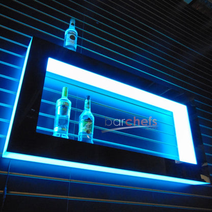 LED Acrylic Glow Bright Light Fun Shelf Shelving Wall Mounted Bar Display Collection Collectable Storage Restaurant Liquor Tiered Layered Square Rectangle Floating Shapes Cool Unique Bottle Liquor Blue