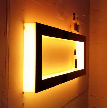 LED Acrylic Glow Bright Light Fun Shelf Shelving Wall Mounted Bar Display Collection Collectable Storage Restaurant Liquor Tiered Layered Square Rectangle Floating Shapes Cool Unique Bottle Liquor Orange