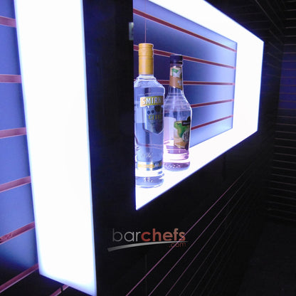 LED Acrylic Glow Bright Light Fun Shelf Shelving Wall Mounted Bar Display Collection Collectable Storage Restaurant Liquor Tiered Layered Square Rectangle Floating Shapes Cool Unique Bottle Liquor White