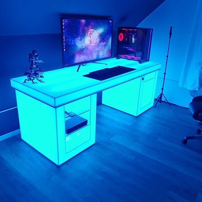 LED Large Gaming Desk Computer Shelves Storage Epic Game Room Furniture Boys Gift Cool Fun Light Glow Blue Room Space RGB Streaming