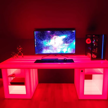 LED Large Gaming Desk Computer Shelves Storage Epic Game Room Furniture Boys Gift Cool Fun Light Glow Red RGB Streaming