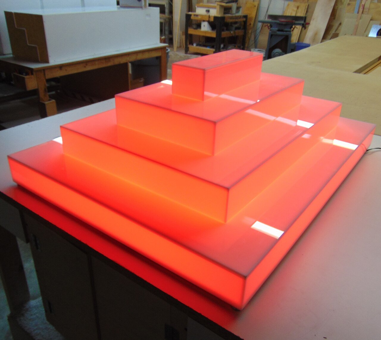 LED Acrylic Glow Bright Light Fun Shelf Shelving Custom Sizing Bar Display Collection Collectable Storage Restaurant Liquor Tiered Layered Orange Red