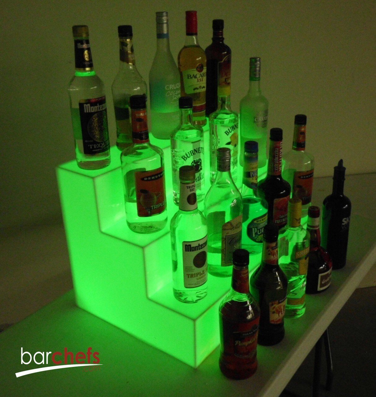 LED Acrylic Glow Bright RGB Light Fun Shelf Shelving Bar Display Collection Collectable Storage Restaurant Liquor Tiered Layered Cool Unique Bottle Green Full