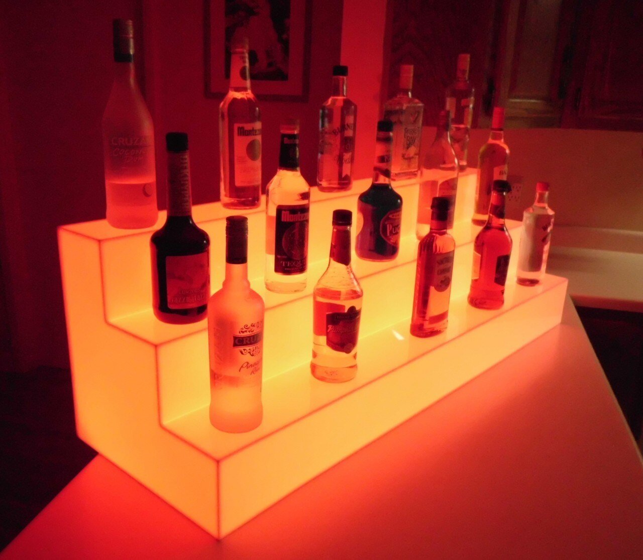 LED Acrylic Glow Bright RGB Light Fun Shelf Shelving Bar Display Collection Collectable Storage Restaurant Liquor Tiered Layered Cool Unique Bottle Orange Full