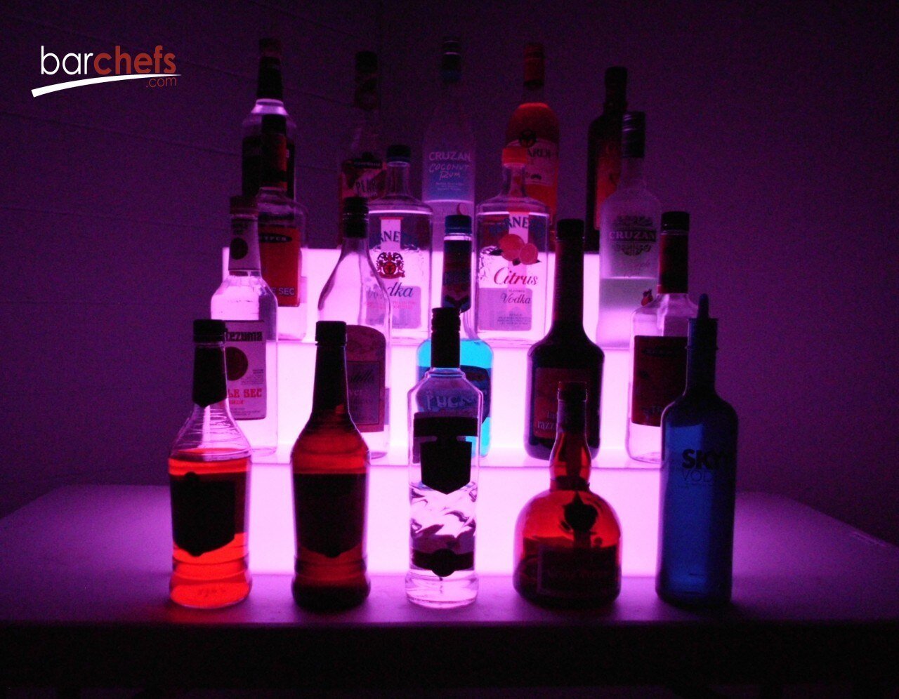 LED Acrylic Glow Bright RGB Light Fun Shelf Shelving Bar Display Collection Collectable Storage Restaurant Liquor Tiered Layered Cool Unique Bottle Front Pink Full