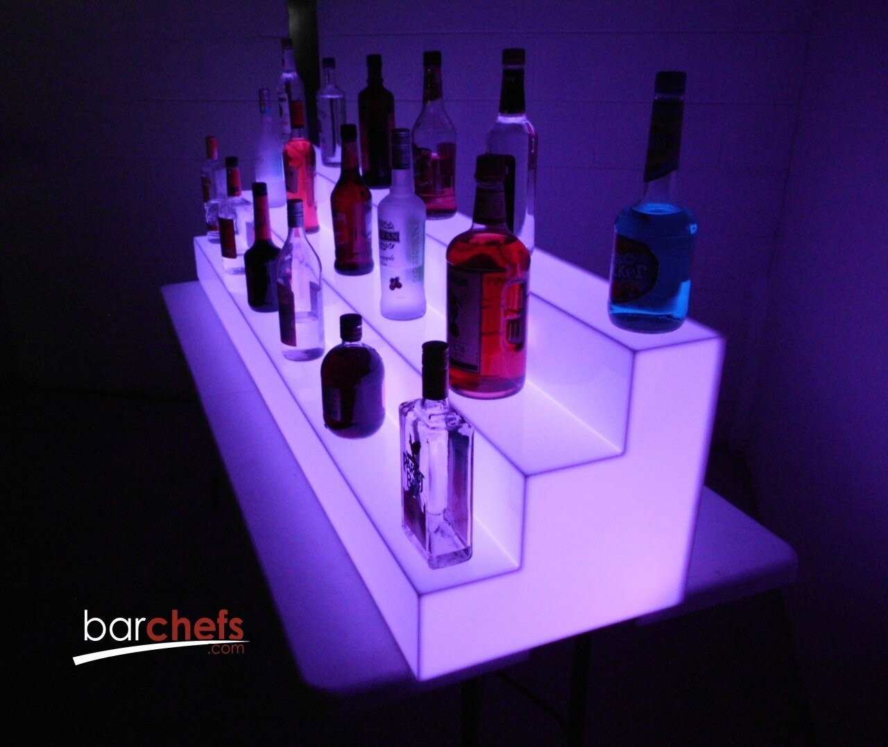 LED Acrylic Glow Bright RGB Light Fun Shelf Shelving Bar Display Collection Collectable Storage Restaurant Liquor Tiered Layered Cool Unique Bottle Pink Purple