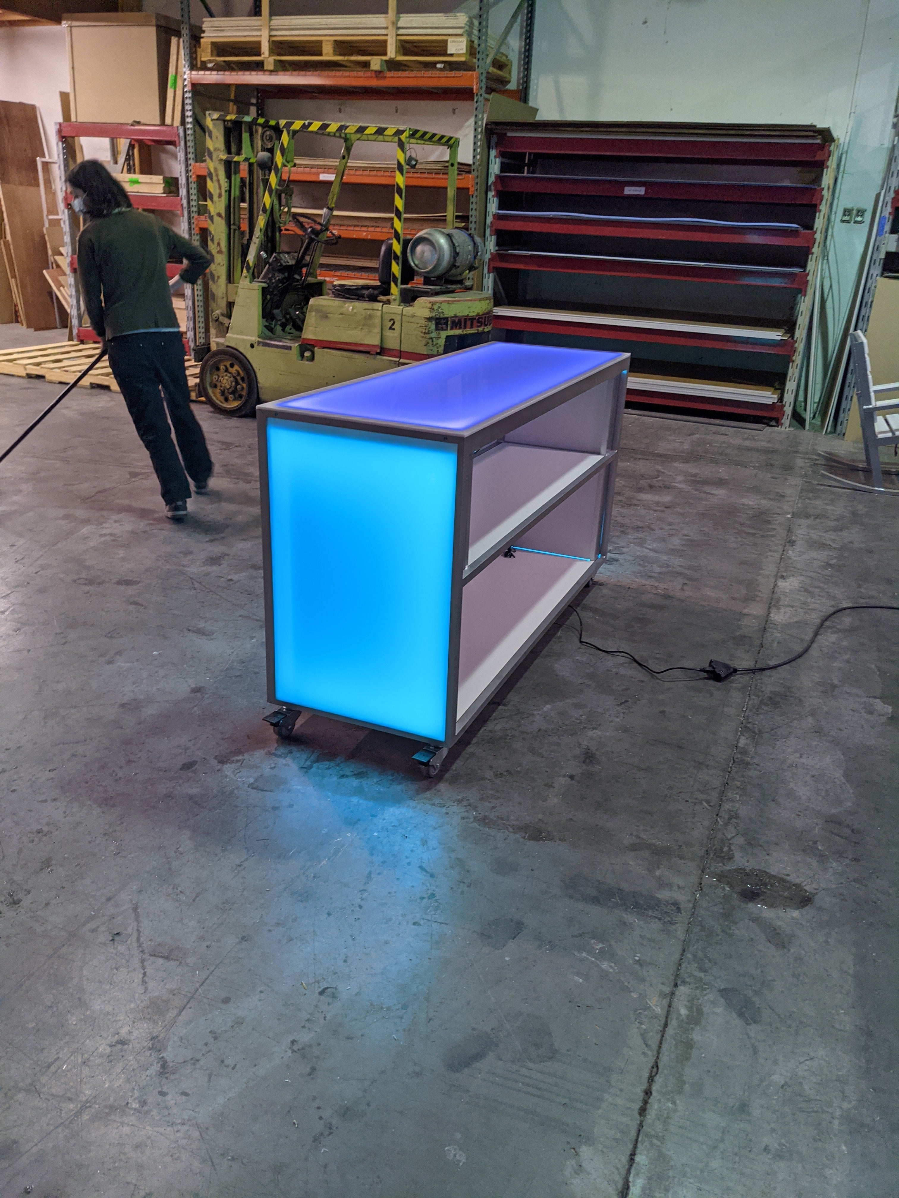 LED Portable Bar Countertop Counter Glow Party Event Catering Serving Business Casters Wheels Rolling Easy Transportable Mobile Side Blue