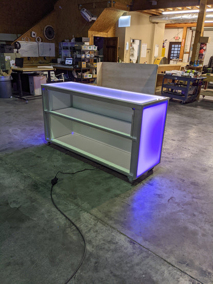 LED Portable Bar Countertop Counter Glow Party Event Catering Serving Business Casters Wheels Rolling Easy Transportable Mobile Blue Plug In Electric Shelving Shelf