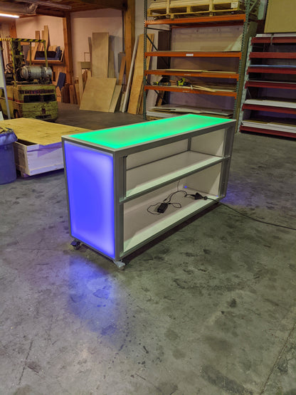 LED Portable Bar Countertop Counter Glow Party Event Catering Serving Business Casters Wheels Rolling Easy Transportable Mobile Green Blue Electrical Wires Cord Plug In