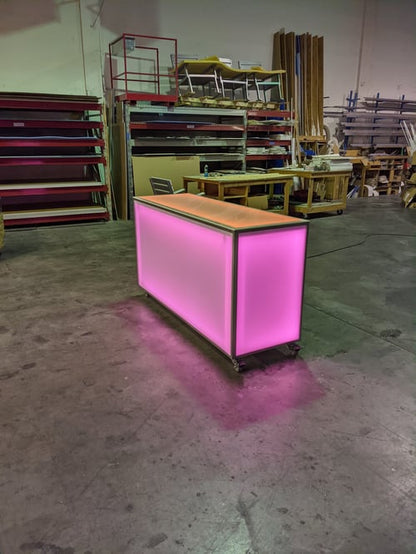 LED Portable Bar Countertop Counter Glow Party Event Catering Serving Business Casters Wheels Rolling Easy Transportable Mobile Pink