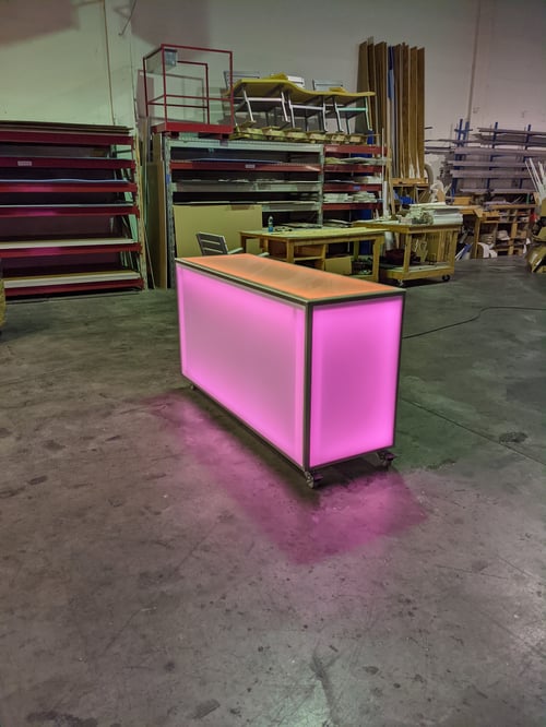 LED Portable Bar Countertop Counter Glow Party Event Catering Serving Business Casters Wheels Rolling Easy Transportable Mobile Pink