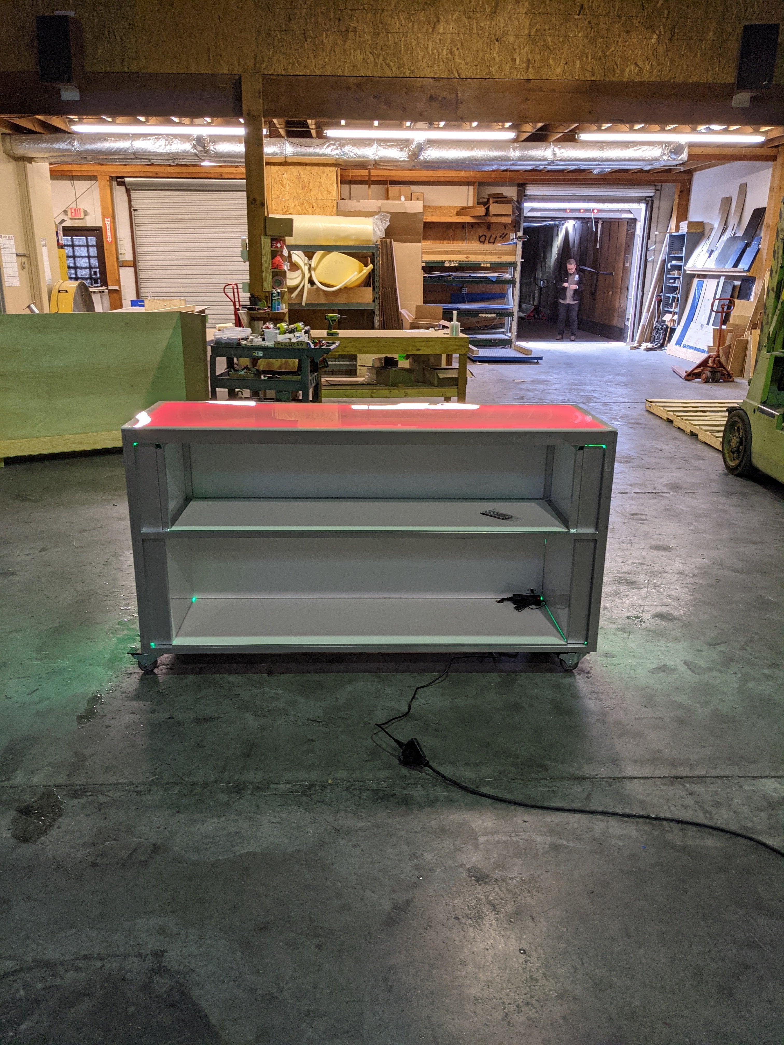 LED Portable Bar Countertop Counter Glow Party Event Catering Serving Business Casters Wheels Rolling Easy Transportable Mobile Back View Behind Red Green Shop