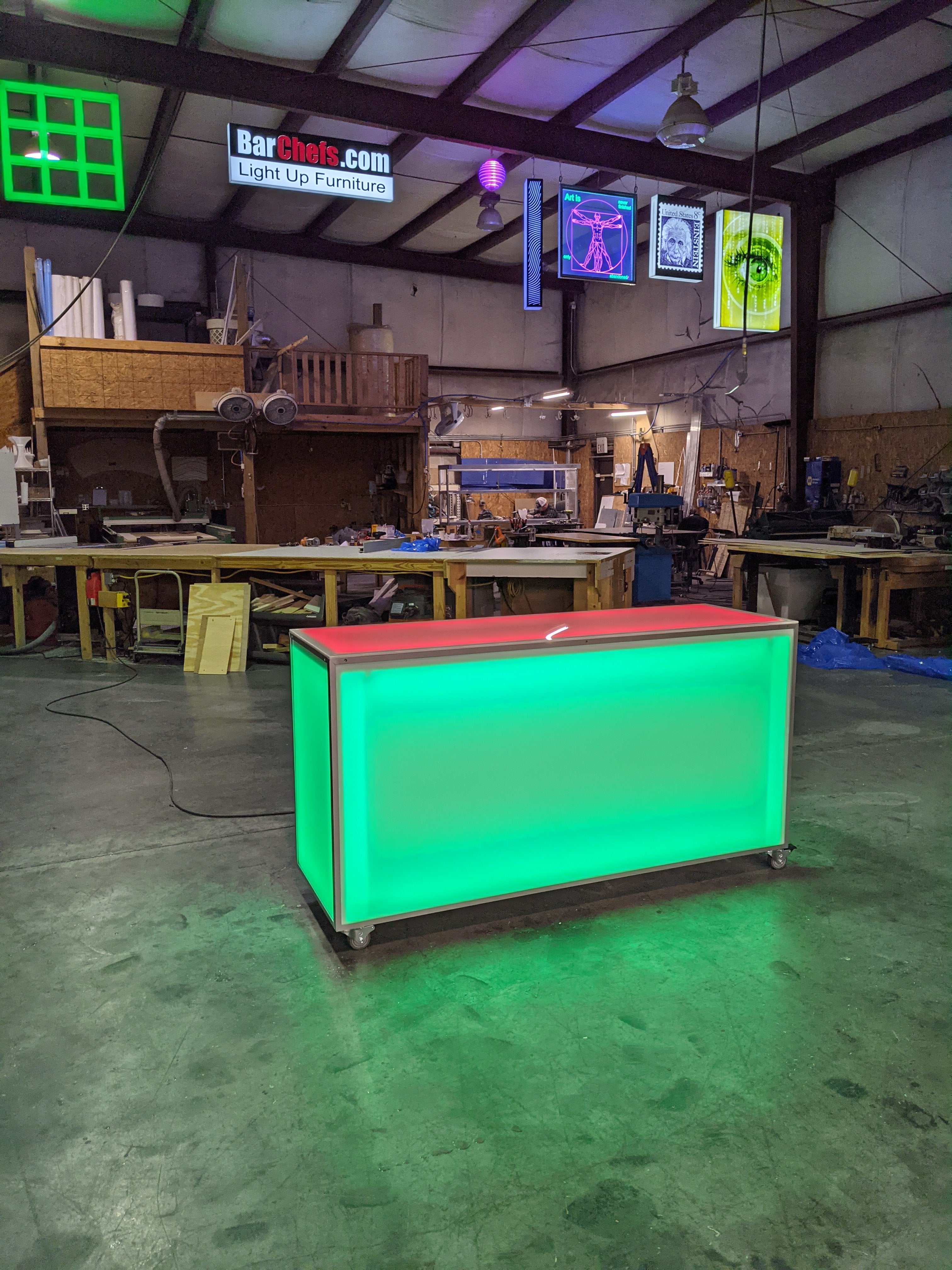 LED Portable Bar Countertop Counter Glow Party Event Catering Serving Business Casters Wheels Rolling Easy Transportable Mobile Green Red Front View