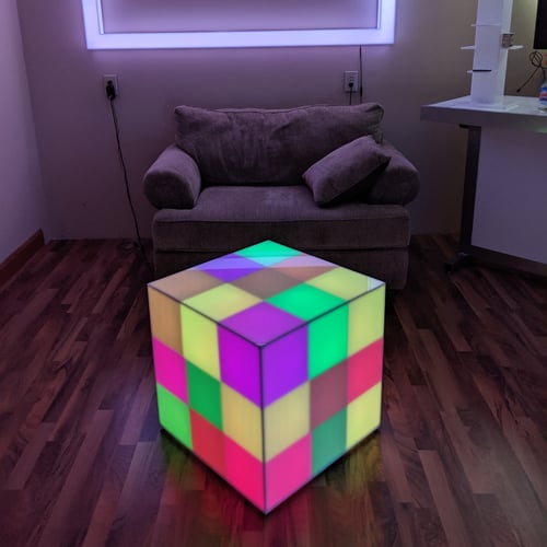 LED Puzzle Cube Chair Table Art Striking Fun Glow Light Up Color Kids Room Furniture Rainbow Purple Green Yellow Red Brown Pink