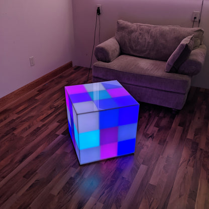 LED Puzzle Cube Chair Table Art Striking Fun Glow Light Up Color Kids Room Furniture Blue Pink Purple White