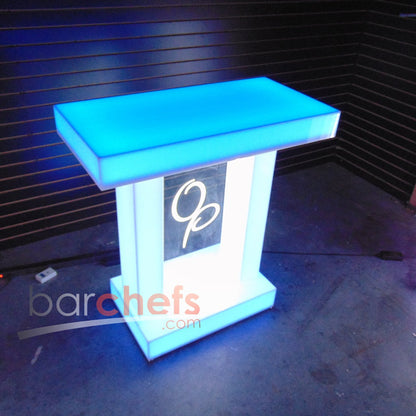 LED Twin Dual Column Side Table Glow Light Cool Living Room Furniture Bar-Height Bar Height Signage Brandable Brand Company Logo Graphic Customizable Custom Personizable Business Blue White OP