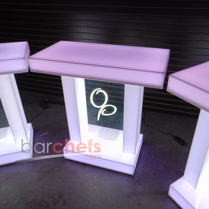 LED Twin Dual Column Side Table Glow Light Cool Living Room Furniture Bar-Height Bar Height Signage Brandable Brand Company Logo Graphic Customizable Custom Personizable Business White Purple OP