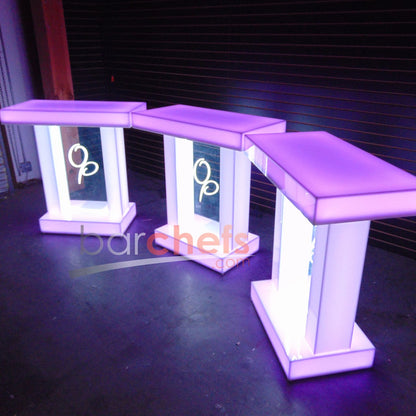 LED Twin Dual Column Side Table Glow Light Cool Living Room Furniture Bar-Height Bar Height Signage Brandable Brand Company Logo Graphic Customizable Custom Personizable Business Purple Pink