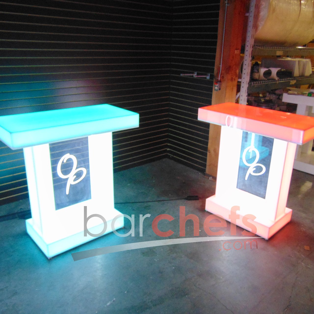LED Twin Dual Column Side Table Glow Light Cool Living Room Furniture Bar-Height Bar Height Signage Brandable Brand Company Logo Graphic Customizable Custom Personizable Business Light Blue Red