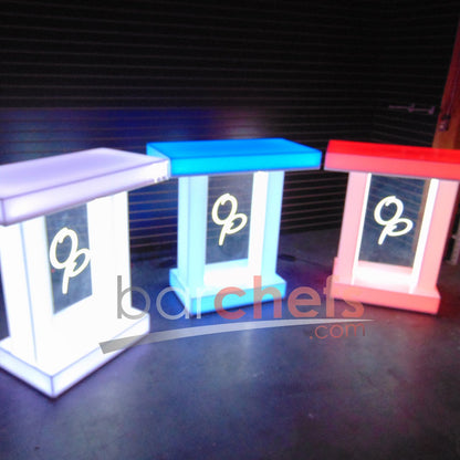 LED Twin Dual Column Side Table Glow Light Cool Living Room Furniture Bar-Height Bar Height Signage Brandable Brand Company Logo Graphic Customizable Custom Personizable Business White Blue Red