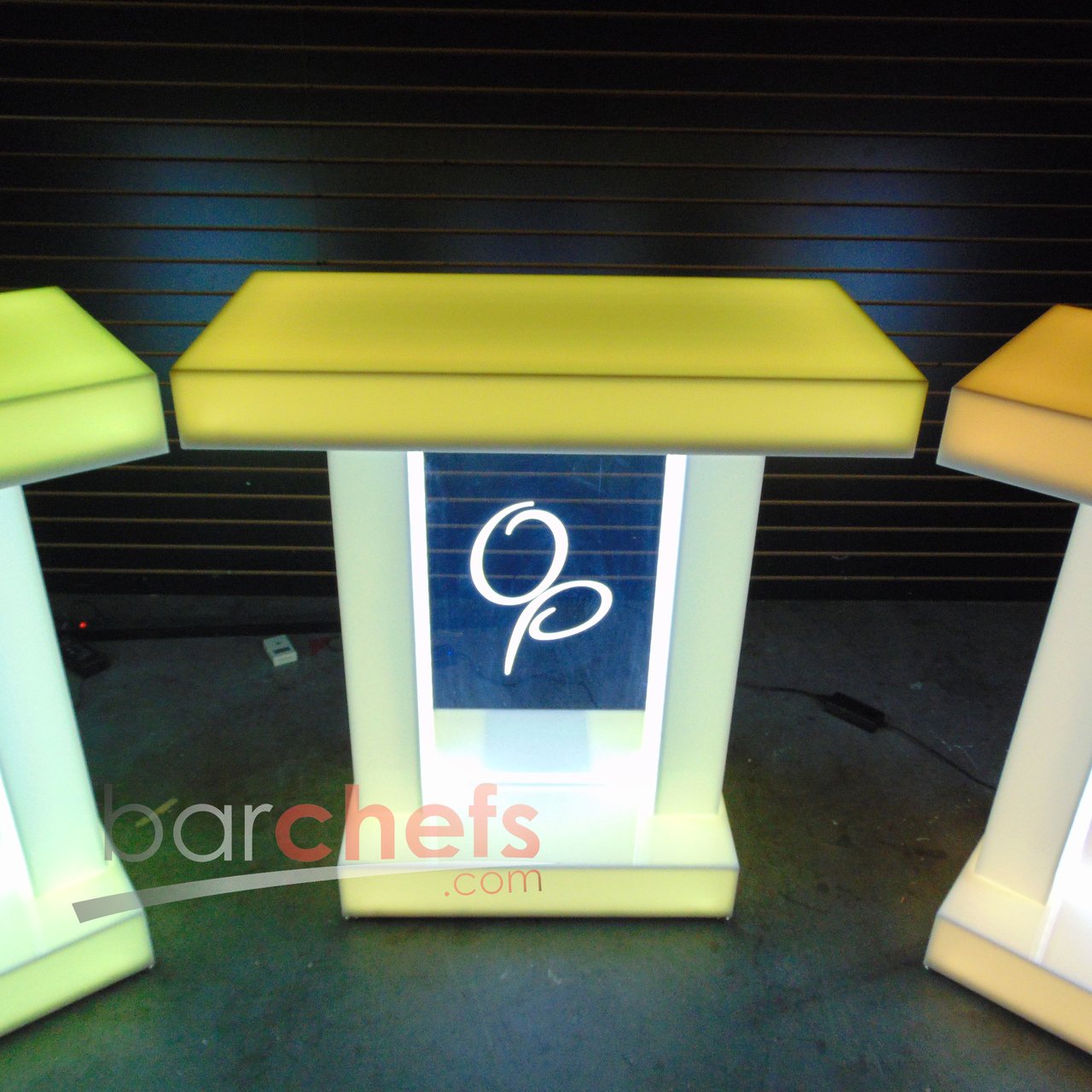 LED Twin Dual Column Side Table Glow Light Cool Living Room Furniture Bar-Height Bar Height Signage Brandable Brand Company Logo Graphic Customizable Custom Personizable Business Yellow Green OP Night Dark