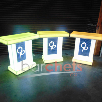 LED Twin Dual Column Side Table Glow Light Cool Living Room Furniture Bar-Height Bar Height Signage Brandable Brand Company Logo Graphic Customizable Custom Personizable Business Yellow White