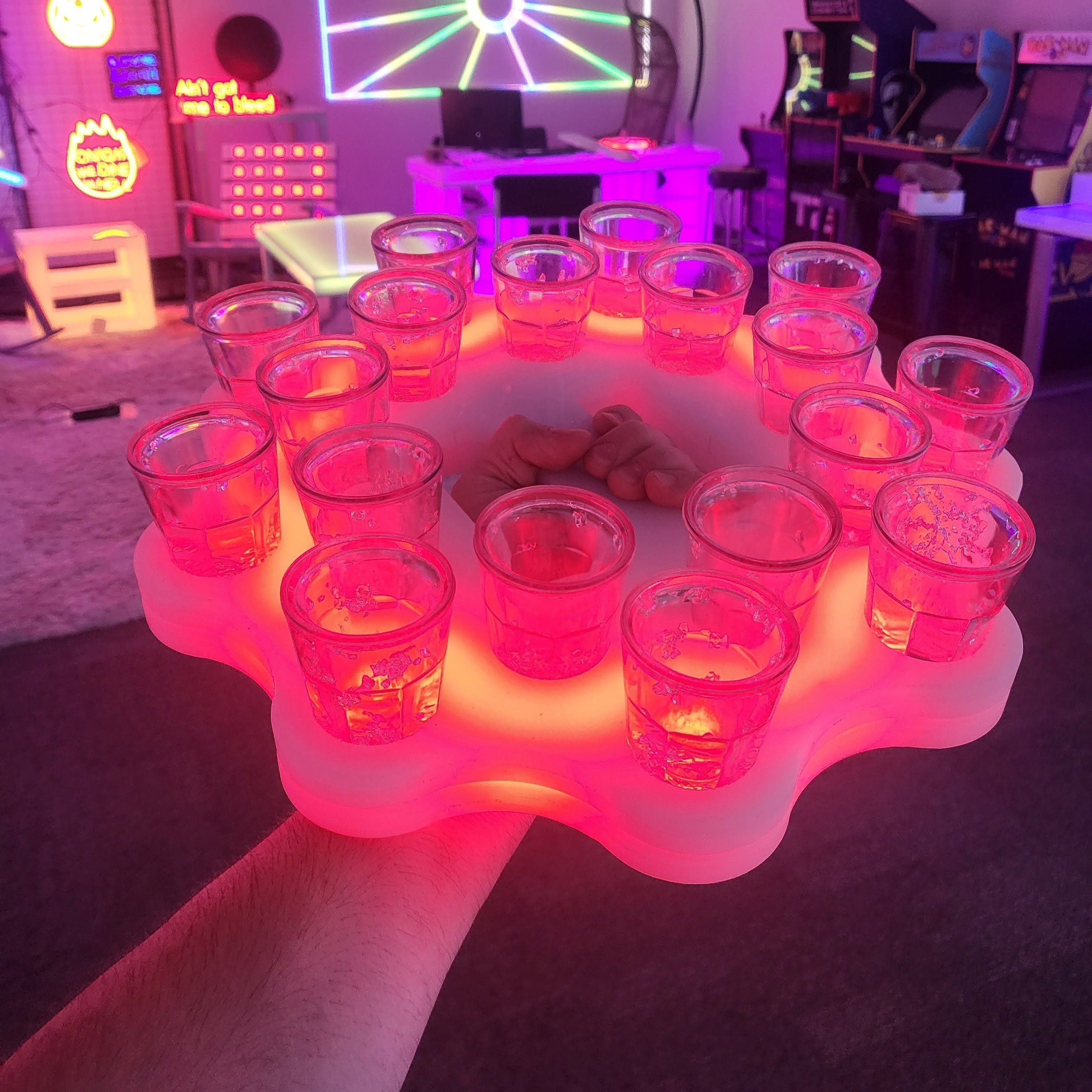 LED RGB Color Light Up Glow Shot Serving Tray Fun Party Alcohol Shooters Liquor Drink Drinking Rainbow Novelty Serving Bar Restaurant Fist Knuckles Event Night Club Nightlife Large XL Jumbo Red 