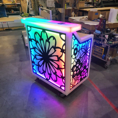 Portable cocktail bar with rainbow lighting and floral patterns