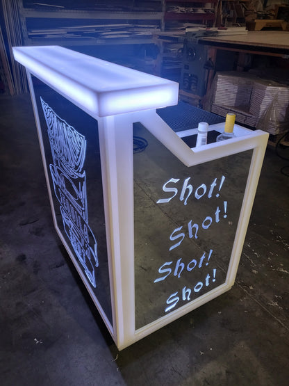 Etched LED Mirror that says shot shot shot on our portable bar