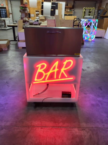 Drink cart with word BAR glowing in red